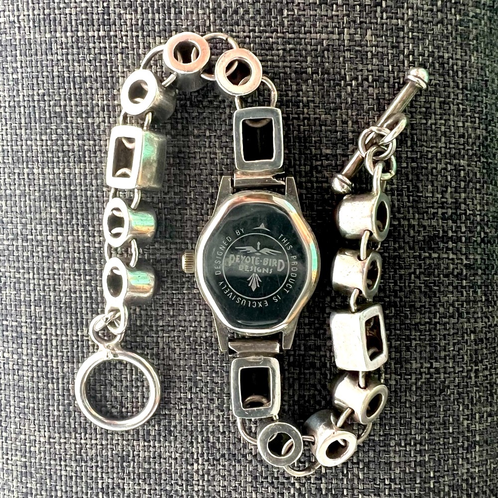 Vintage Peyote Bird Smoky Quartz Navajo Pearl Black Onyx & Silver Watch Bracelet - Picture 4 of 17